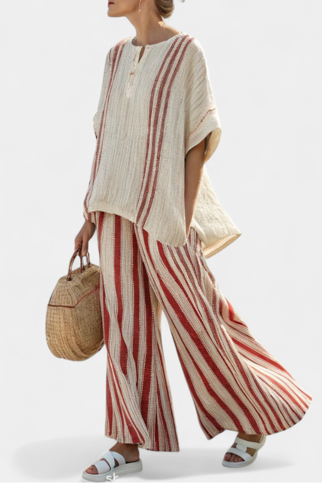 Mirella | Sophisticated Textured Red-Stripe Top &amp; Linen Pants - Maison Léa &amp; Lou