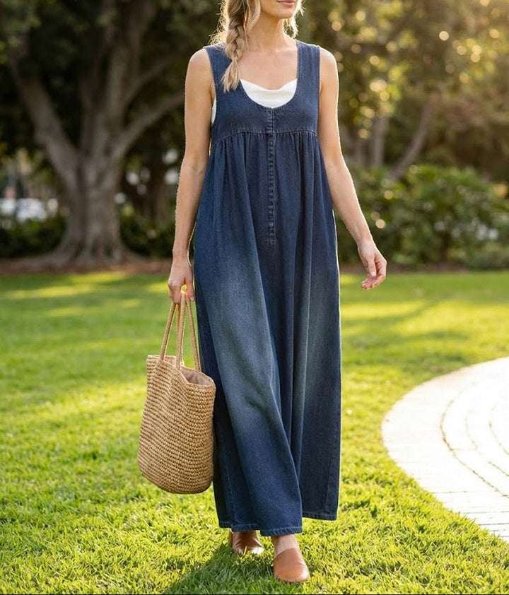 Karen | Vintage Washed Soft Cotton Feel Denim Maxi Dress - Maison Léa &amp; Lou