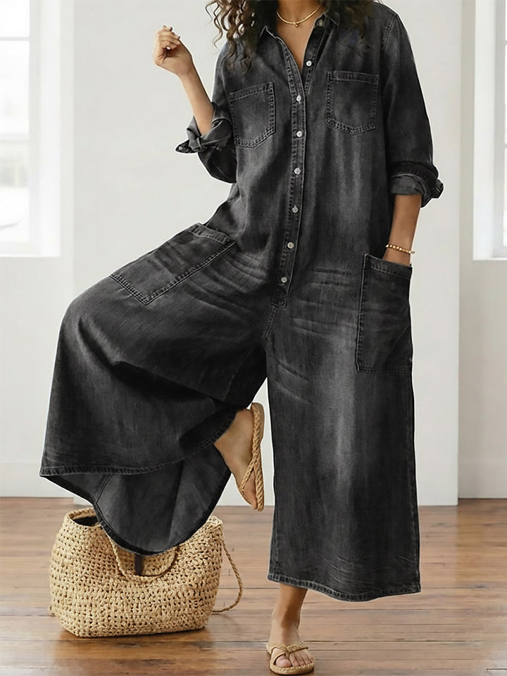 Diana | Vintage Washed Soft Cotton Denim Jumpsuit with Button Closure - Maison Léa &amp; Lou