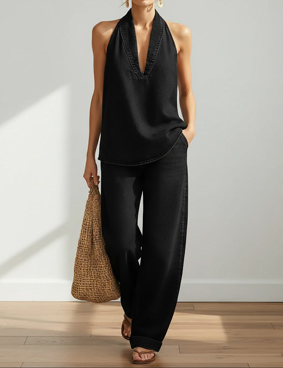 Ivy | Vintage Washed Soft Denim-Look Two-Piece Set - Maison Léa &amp; Lou