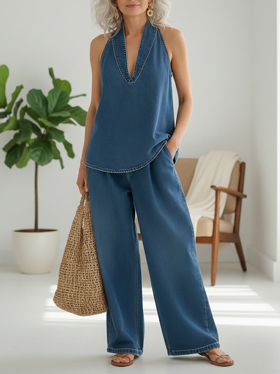 Ivy | Vintage Washed Soft Denim-Look Two-Piece Set - Maison Léa & Lou