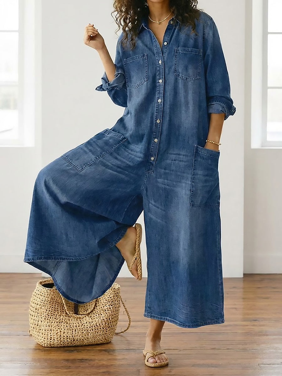 Diana | Vintage Washed Soft Cotton Denim Jumpsuit with Button Closure - Maison Léa &amp; Lou