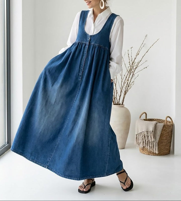 Karen | Vintage Washed Soft Cotton Feel Denim Maxi Dress - Maison Léa &amp; Lou