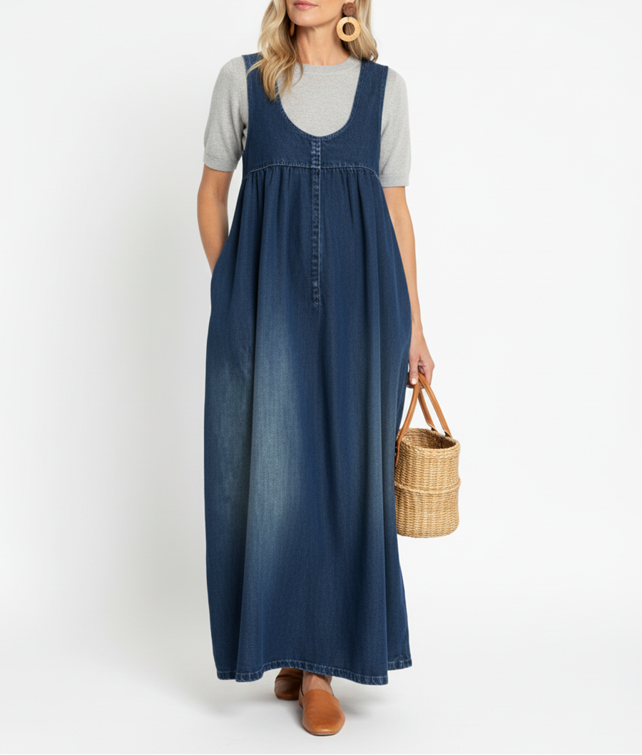 Karen | Vintage Washed Soft Cotton Feel Denim Maxi Dress - Maison Léa &amp; Lou