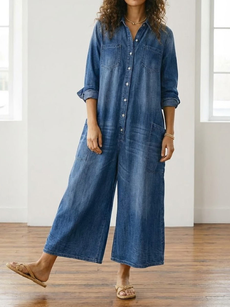 Diana | Vintage Washed Soft Cotton Denim Jumpsuit with Button Closure - Maison Léa &amp; Lou