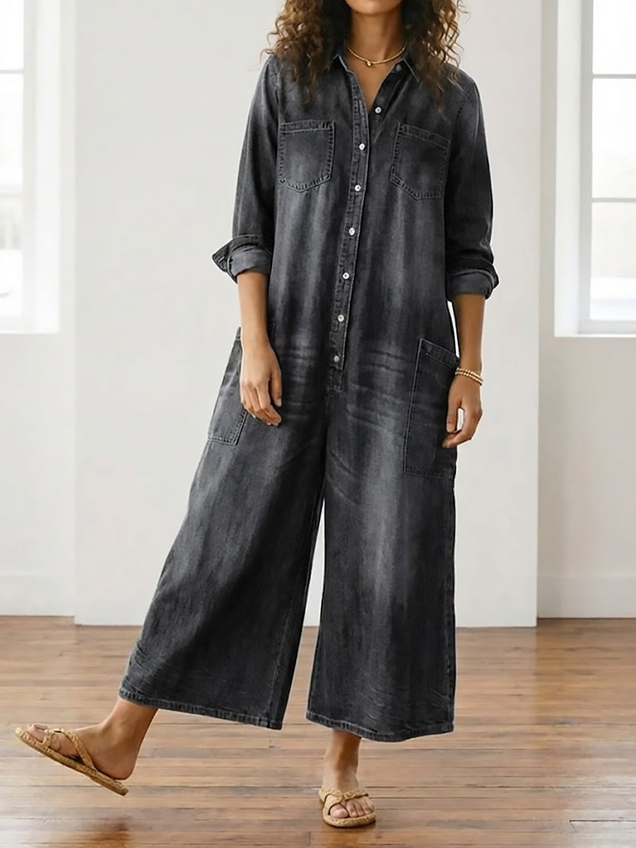 Diana | Vintage Washed Soft Cotton Denim Jumpsuit with Button Closure - Maison Léa &amp; Lou