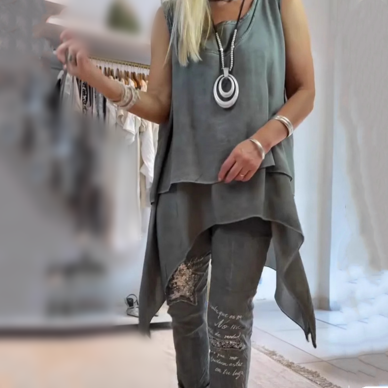 MIREYA™ - Asymmetrical Top &amp; Floral Pants Set - Maison Léa &amp; Lou