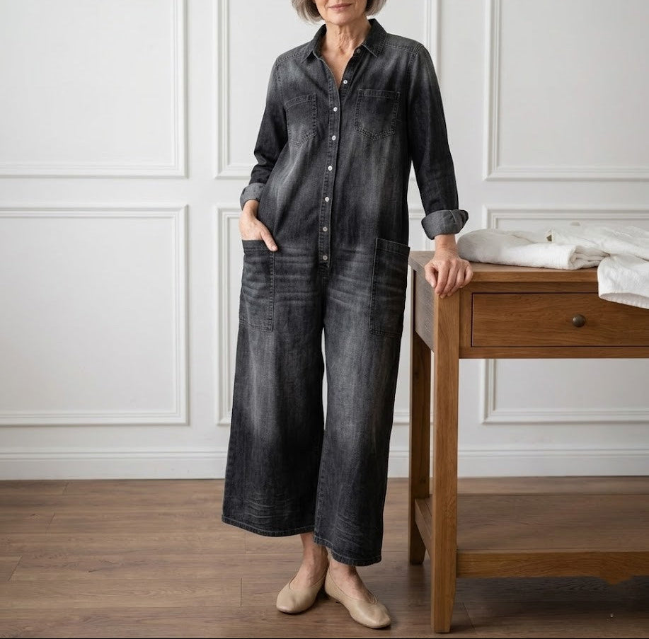 Diana | Vintage Washed Soft Cotton Denim Jumpsuit with Button Closure - Maison Léa &amp; Lou
