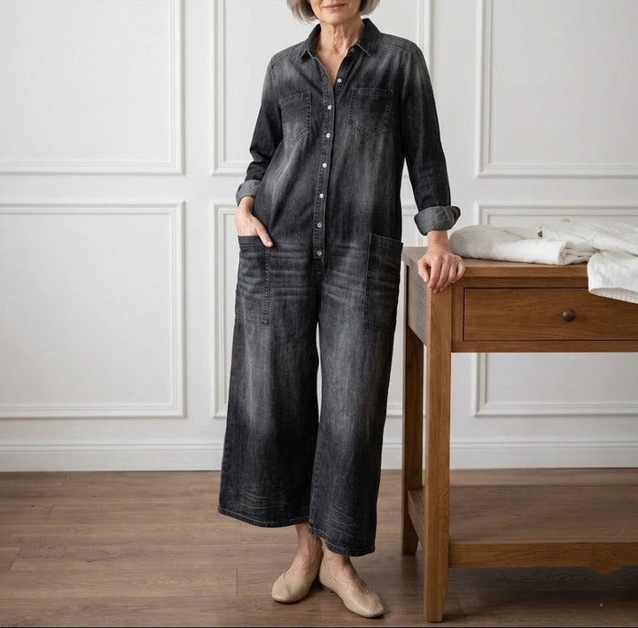 Diana | Vintage Washed Soft Cotton Denim Jumpsuit with Button Closure - Maison Léa &amp; Lou
