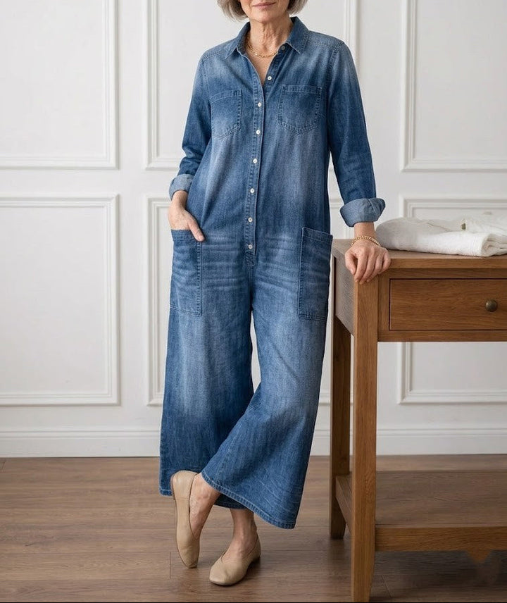 Diana | Vintage Washed Soft Cotton Denim Jumpsuit with Button Closure - Maison Léa &amp; Lou