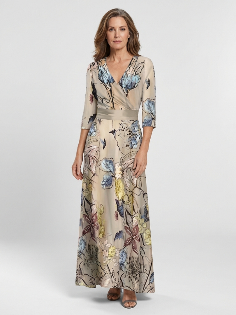 Margaret | Three Quarter Sleeve Floral Maxi Wrap Dress - Maison Léa & Lou
