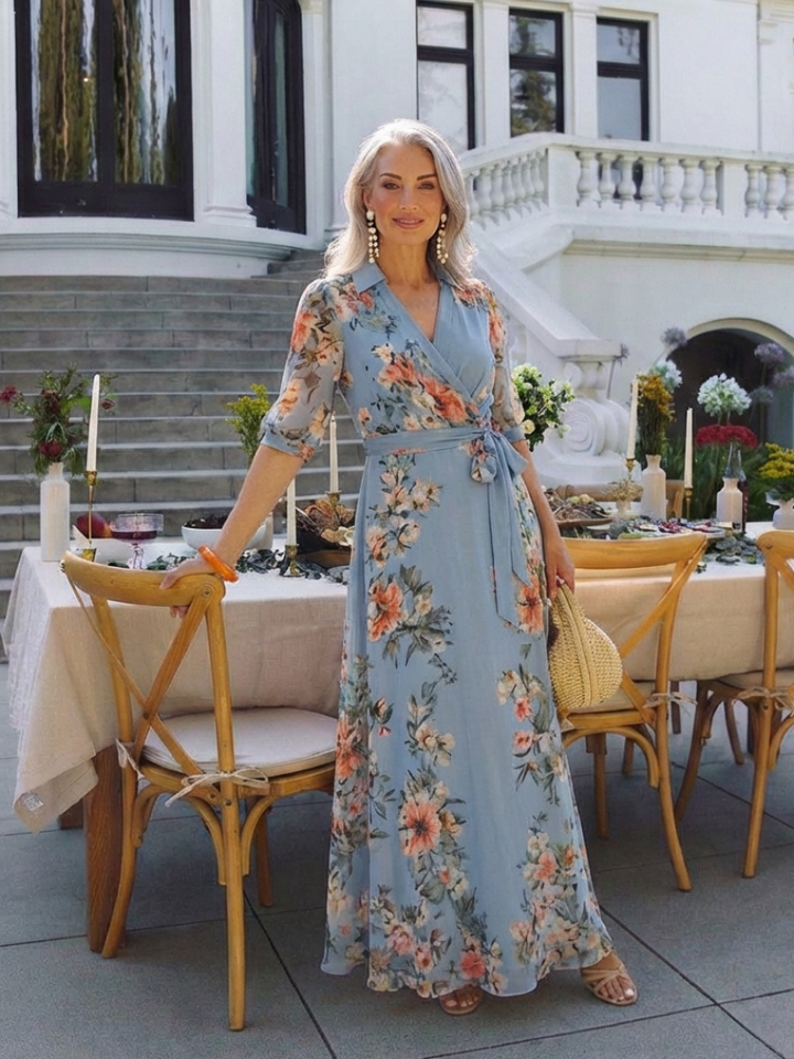 Elowen | Floral Wrap V Neck Maxi Dress - Maison Léa &amp; Lou