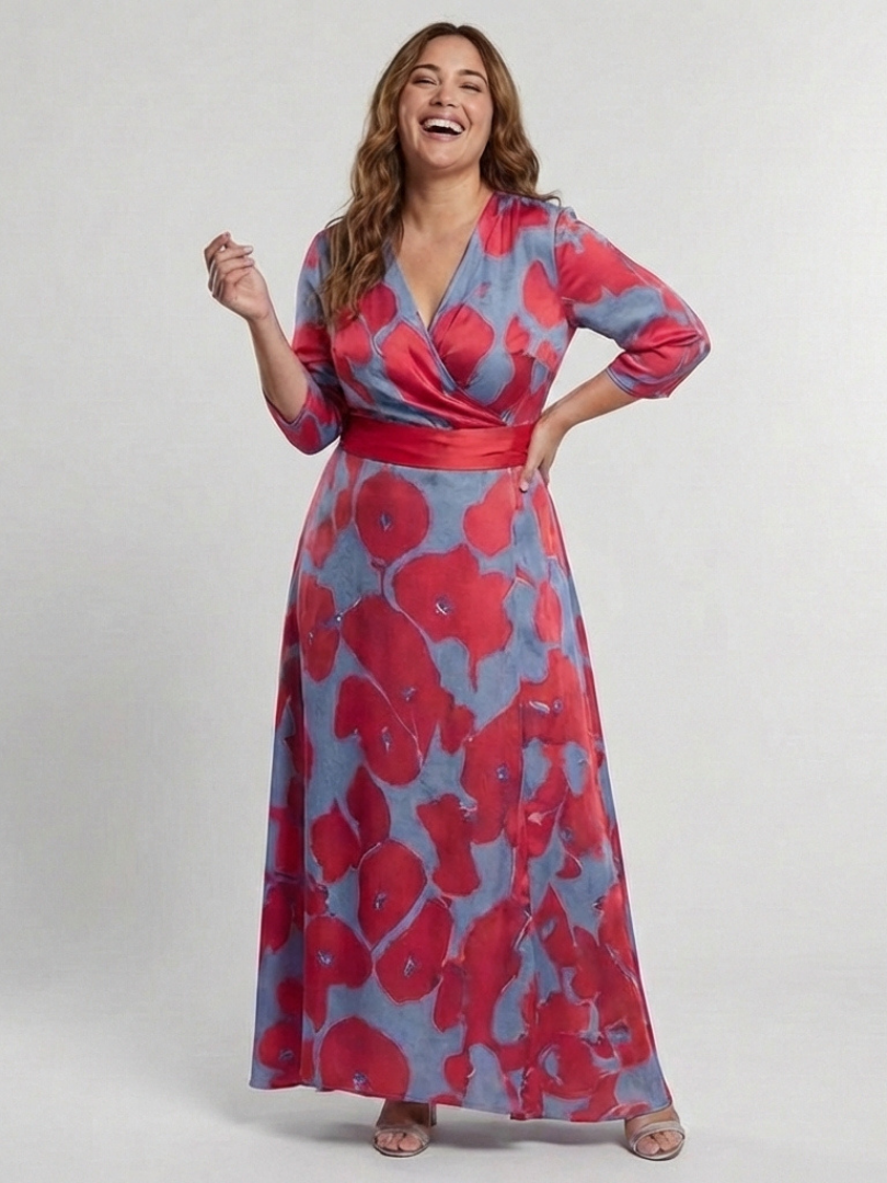 Danielle | Three Quarter Sleeve V Neck Floral Maxi Dress - Maison Léa &amp; Lou