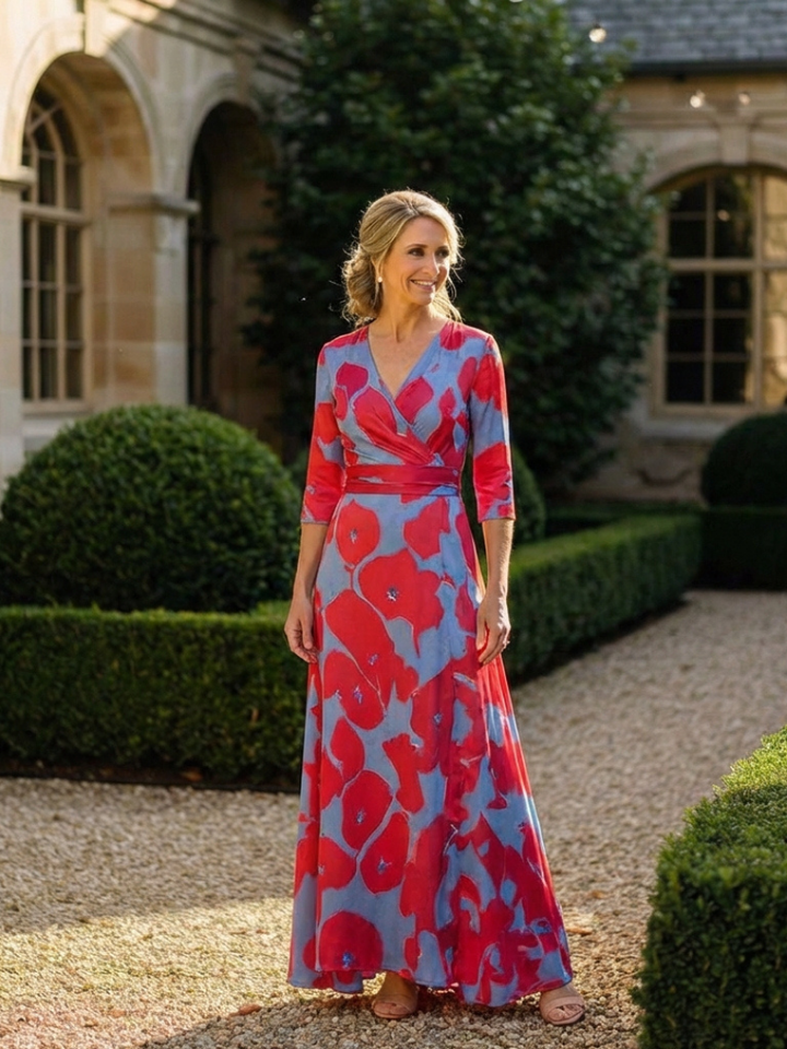 Danielle | Three Quarter Sleeve V Neck Floral Maxi Dress - Maison Léa &amp; Lou