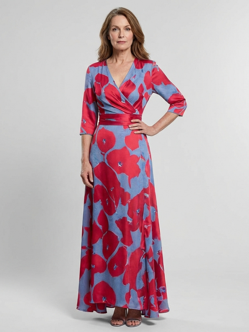 Danielle | Three Quarter Sleeve V Neck Floral Maxi Dress - Maison Léa & Lou